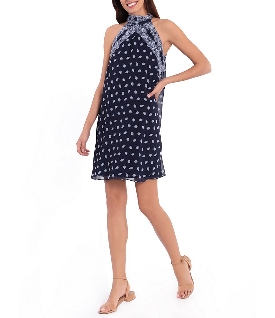 London Times Bandana Print Halter Tie Neck Trapeze Dress