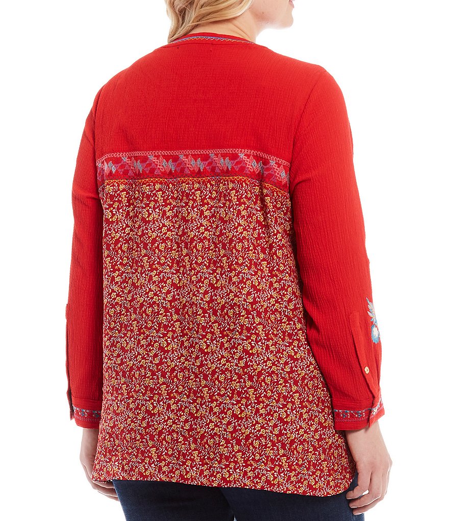 Calessa Plus Size Floral Embroidered Banded Collar Neck Mixed Back Panel Long Sleeve Tunic