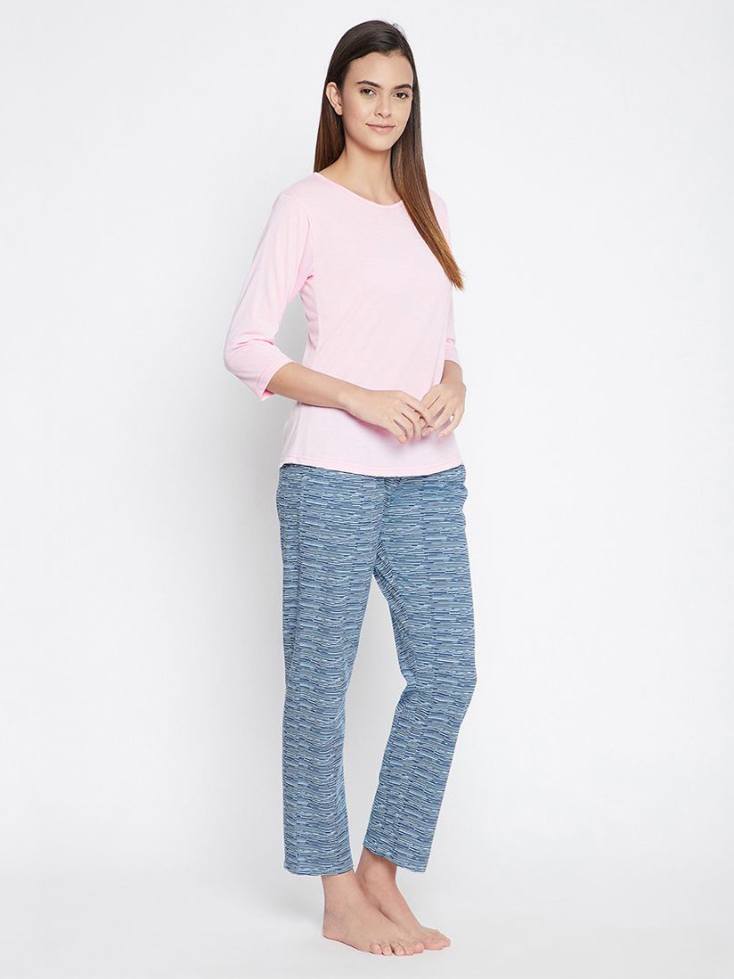 Clovia Pink & Blue Cotton Top With Pyjamas