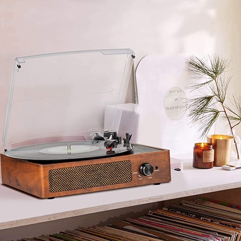 Record Player Belt-Driven 3-Speed Turntable, Vintage Vinyl Record Players Built-in Stereo Speakers, with Headphone Jack/ Aux Input/ RCA Line Out, Wooden (Brown)
