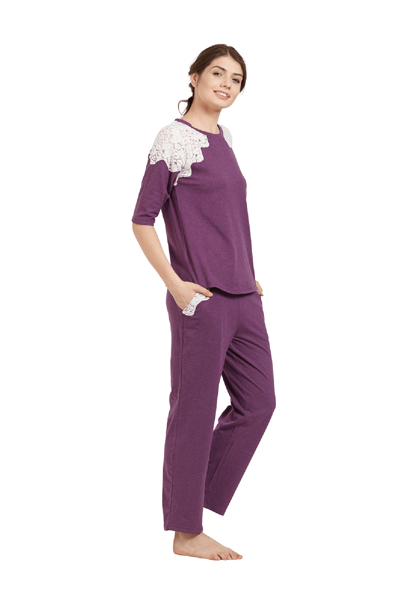 Soie Purple Cotton Top With Pyjamas