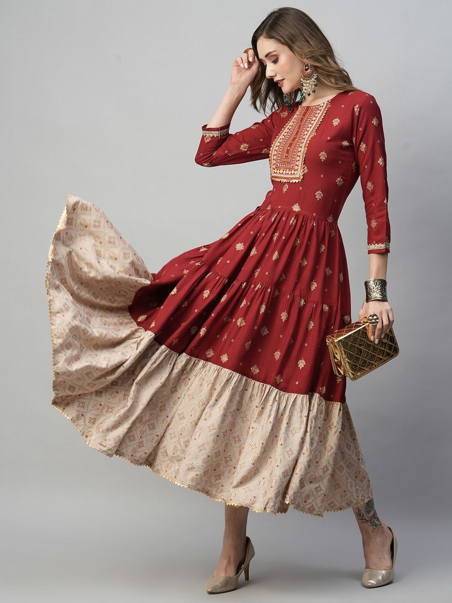 KIANA Maroon Printed Maxi Dress