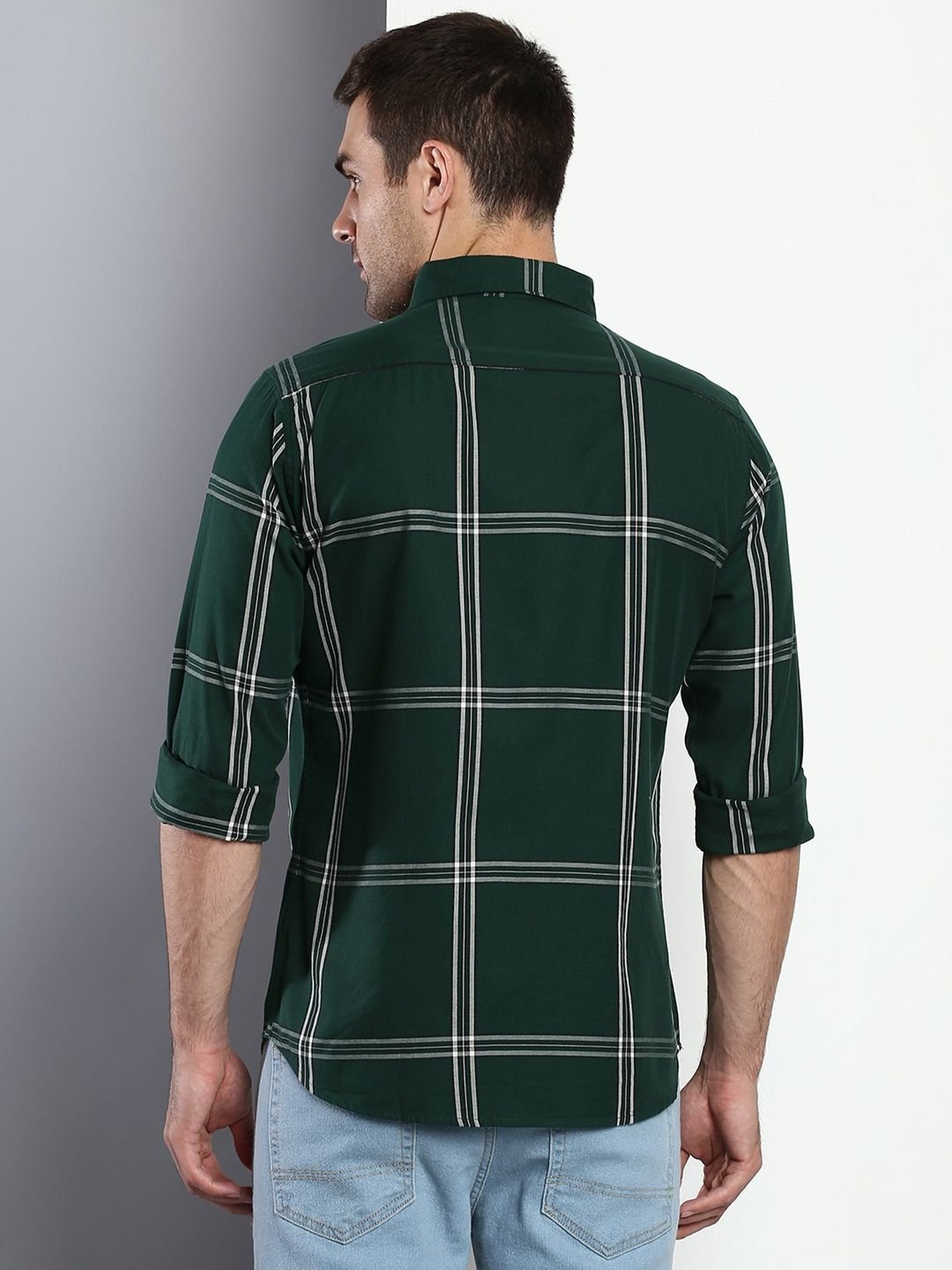 Dennis Lingo Green Cotton Slim Fit Checks Shirt