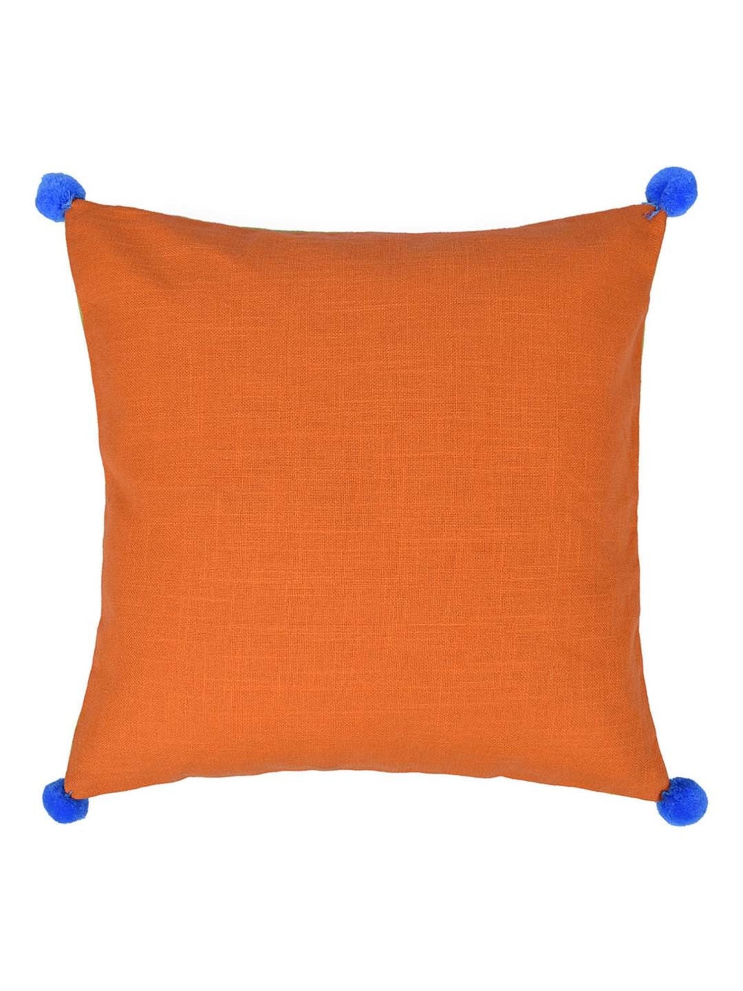 @home Orange & Green Cotton Two Sided Pom Pom Cushion Cover With Zipper