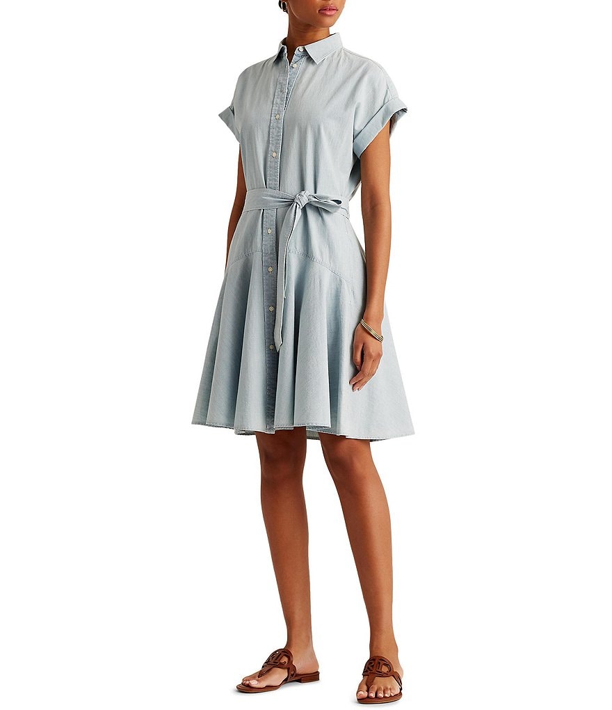 Lauren Ralph Lauren Petite Size Cotton Chambray Sash Tie Waist Cuffed Dolman Sleeve Shirtdress