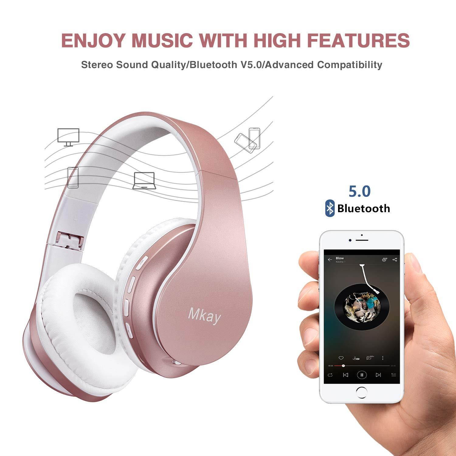 Bluetooth Headphones Wireless,MKay Over Ear Headset V5.0 with Microphone, Foldable & Lightweight, Support Tf Card MP3 Mode and Fm Radio for Cellphones Laptop TV-Rose Gold
