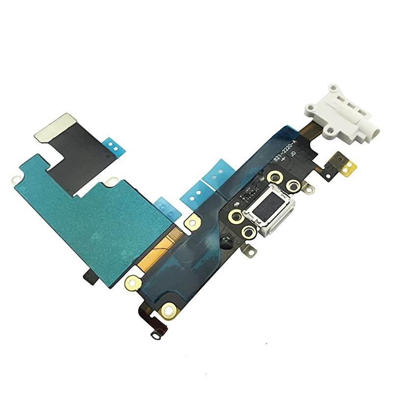 OEM Charging Port Dock Connector Flex Cable wMicrophone + Headphone Audio Jack Port Ribbon Replacement Part Compatible for iPhone 6 Plus All Carriers White