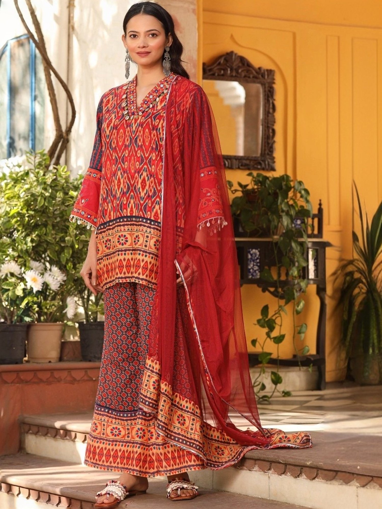 Juniper Red Cotton Printed Kurti Flared Pant Set With Dupatta