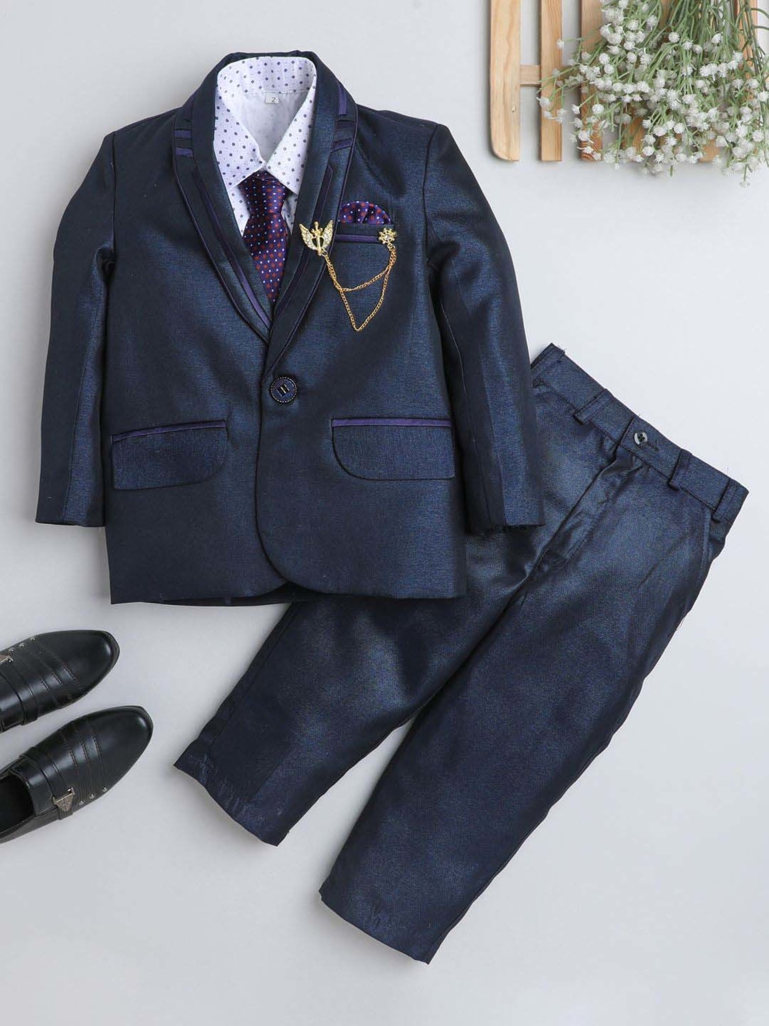 Fourfolds Boys Navyblue Solid Full Sleeves Suit Set