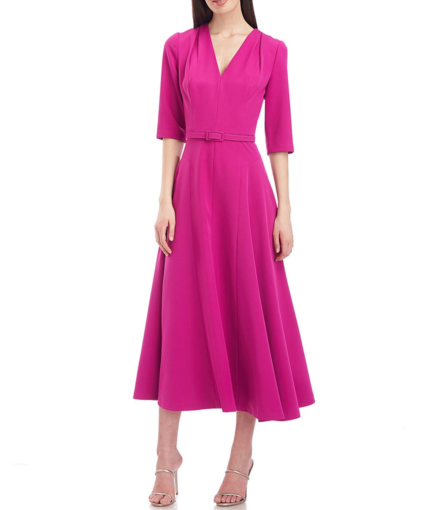 Kay Unger Isla Short Elbow Sleeve V-Neck Belted Stretch Crepe Dress