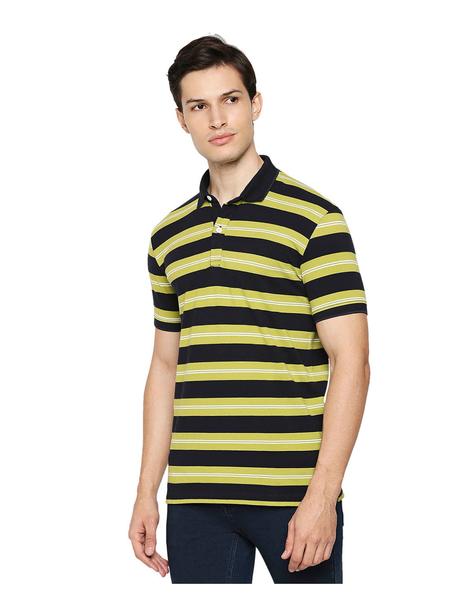 Mufti Lime Green & Navy Blue Striped Polo T-Shirt