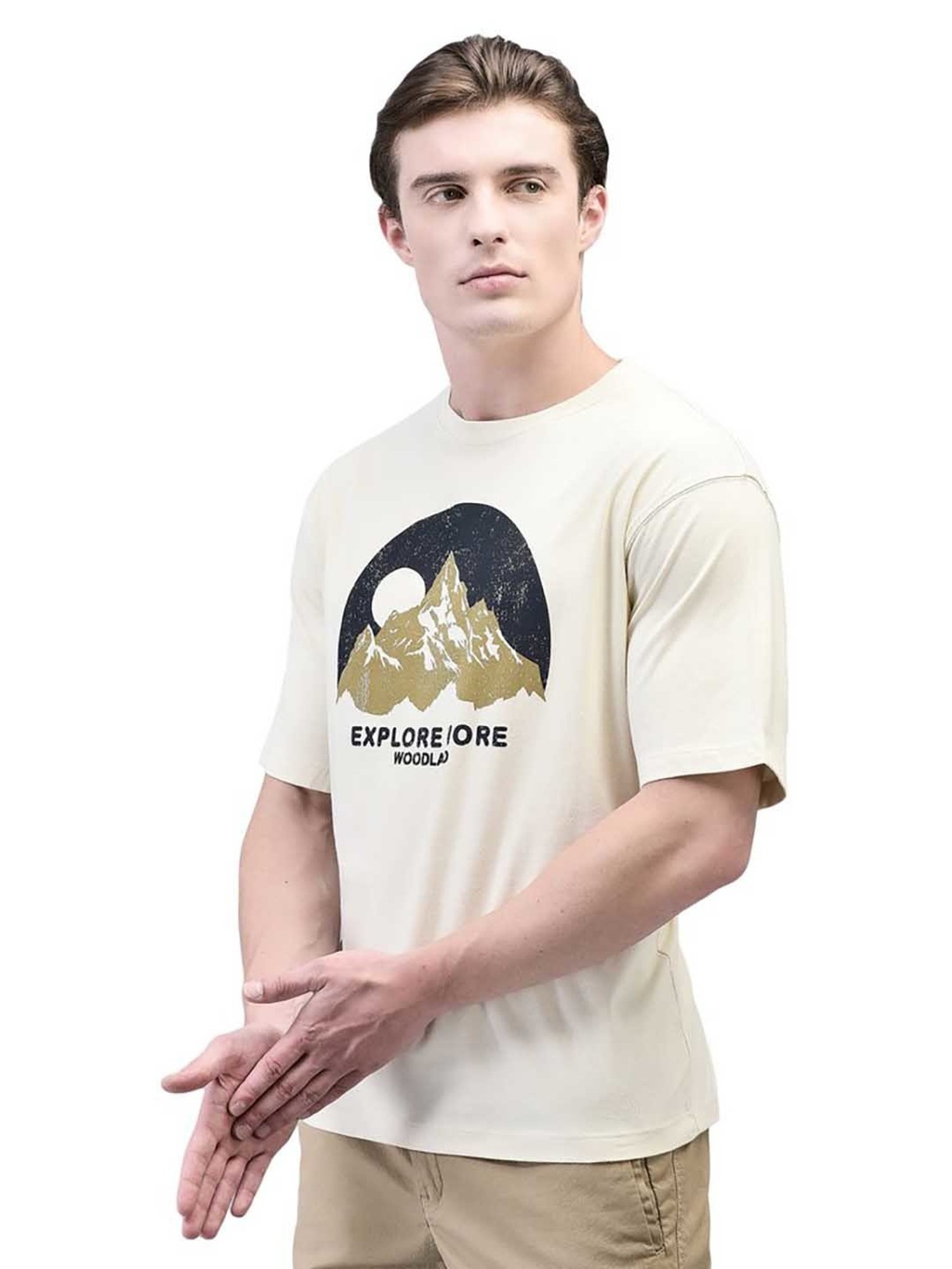 Woodland Off White Regular Fit Printed Crew T-Shirt