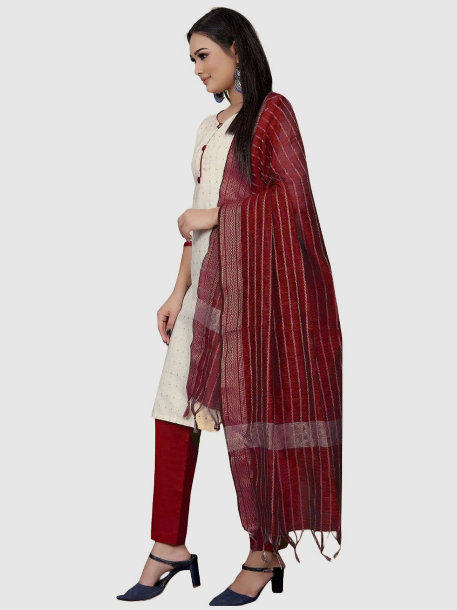 APNISHA White & Maroon Cotton Printed Unstitched Dress Material