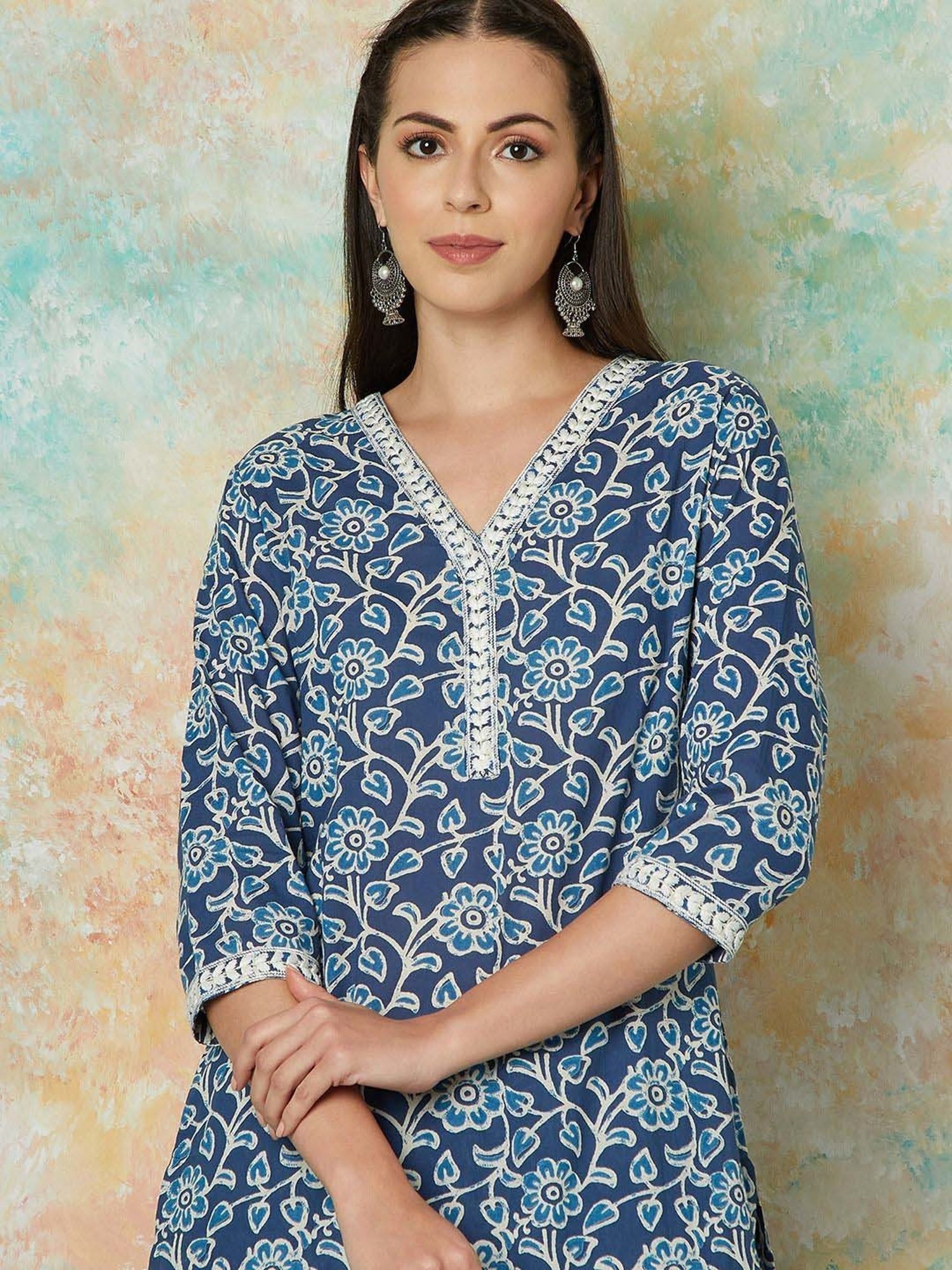 Melange by Lifestyle Blue Cotton Printed Kurta & Pant Set