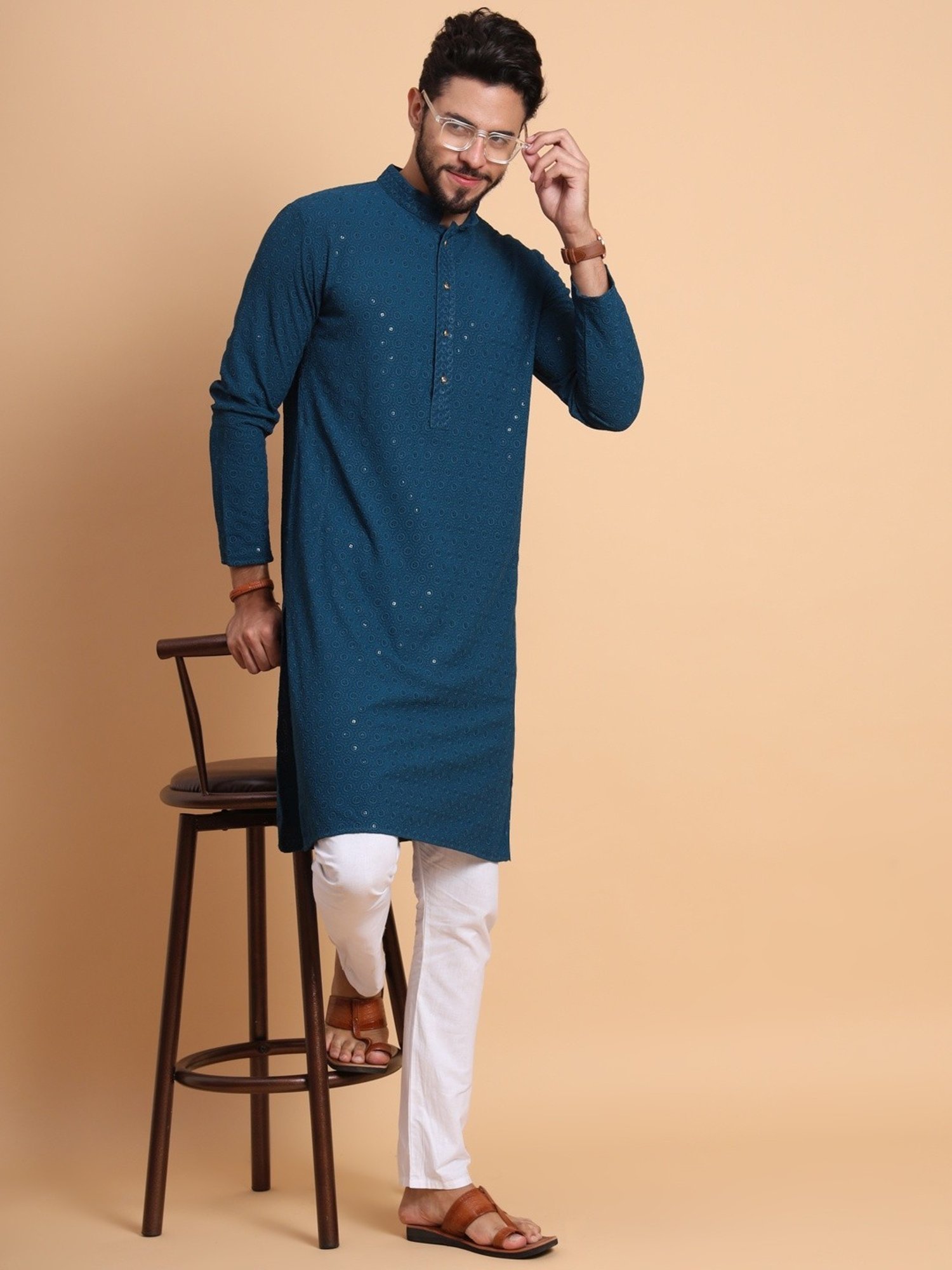 SWAGG INDIA Royal Blue Regular Fit Embroidered Kurta