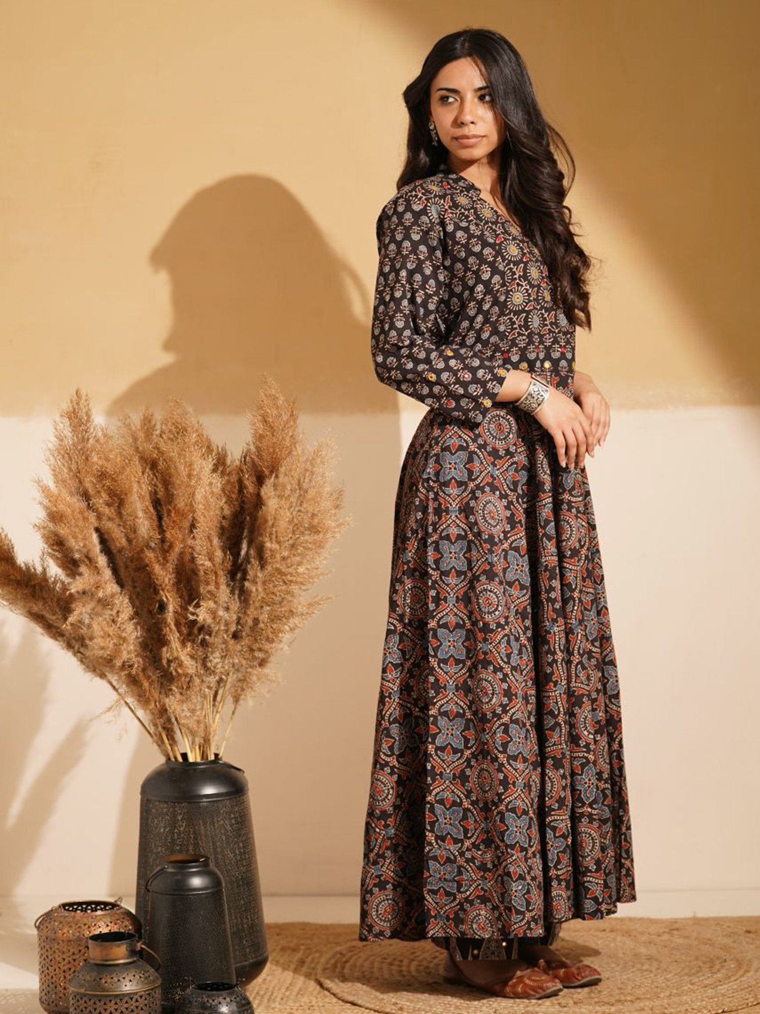 Love Chic Black Cotton Ajrakh Flare Kurta