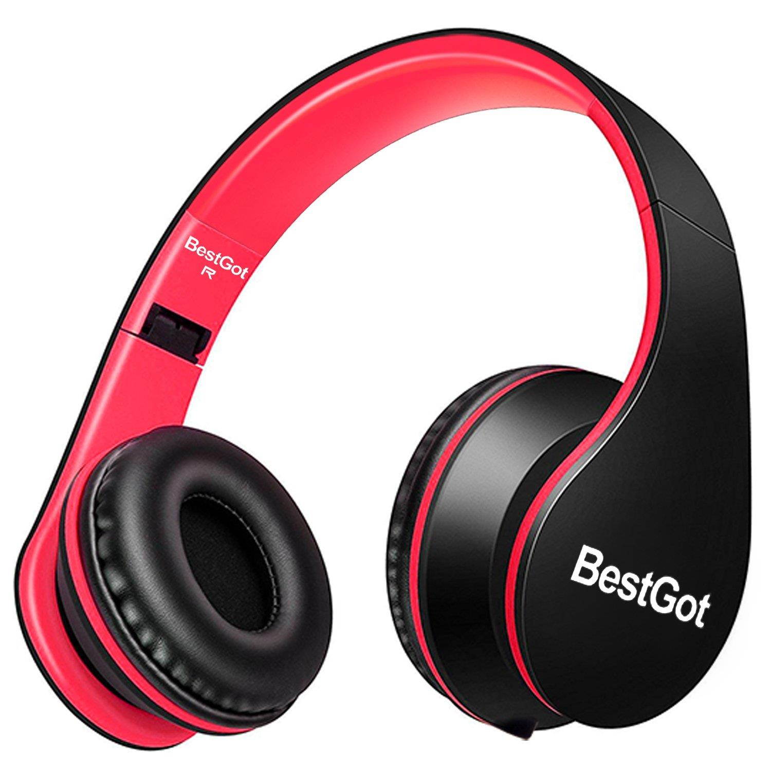 BestGot Headphones for Kids Boys Over Ear Kids Headphones with Microphone in-line Volume with Cloth Bag Foldable Headphones with 3.5mm Plug Removable Cord (Black/Red)