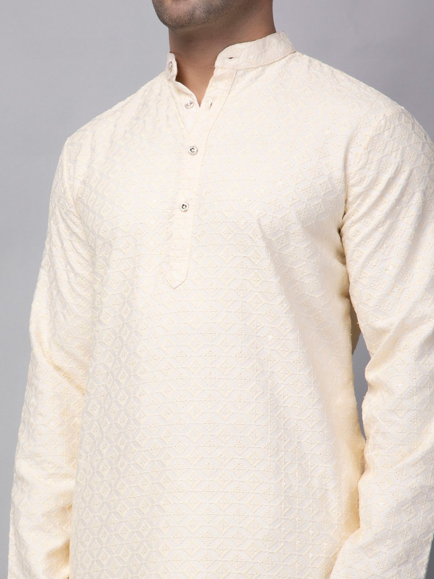 Hangup Cream & White Regular Fit Embroidered Kurta & Pyjamas Set