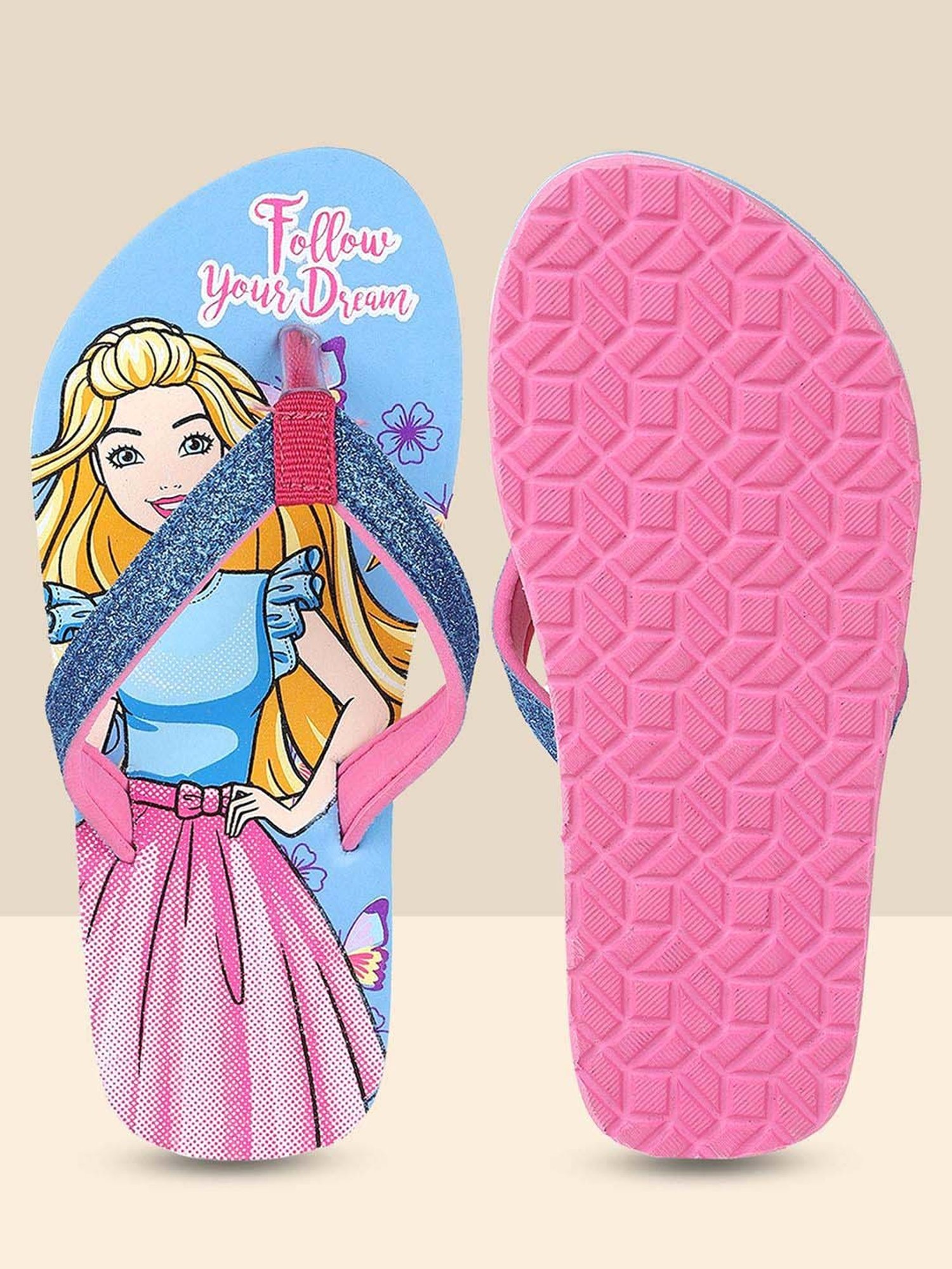 Kidsville Barbie Printed Sky Blue & Pink Flip Flops