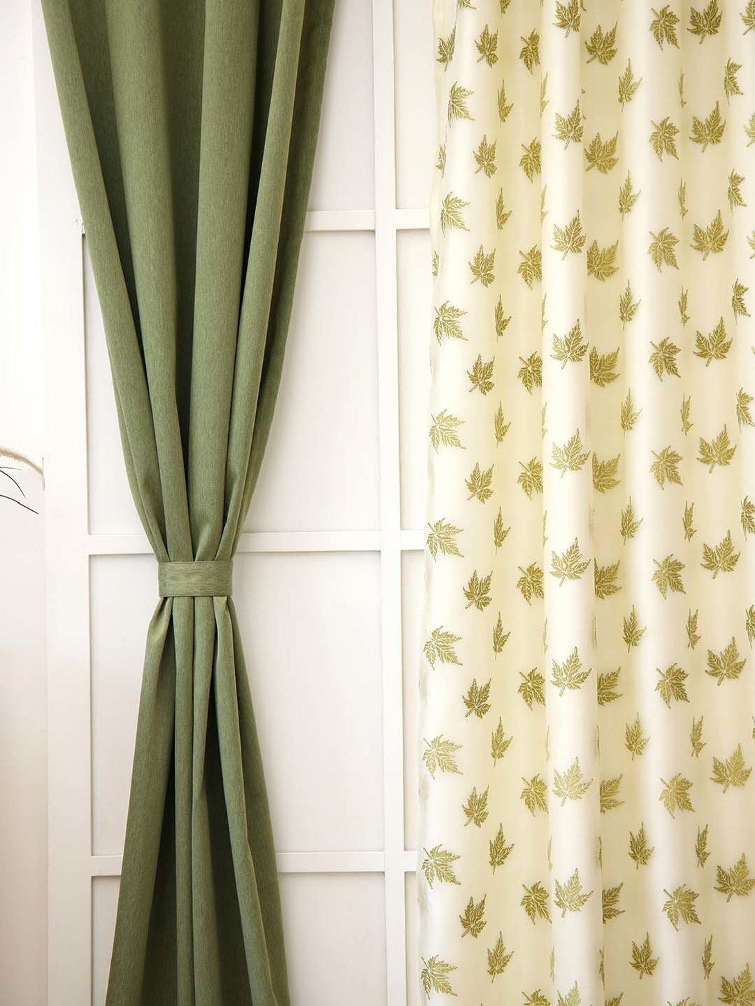 Ariana Foliage Design Olive Green & Beige Polyester 5 Ft. Window Curtain - Set of 2
