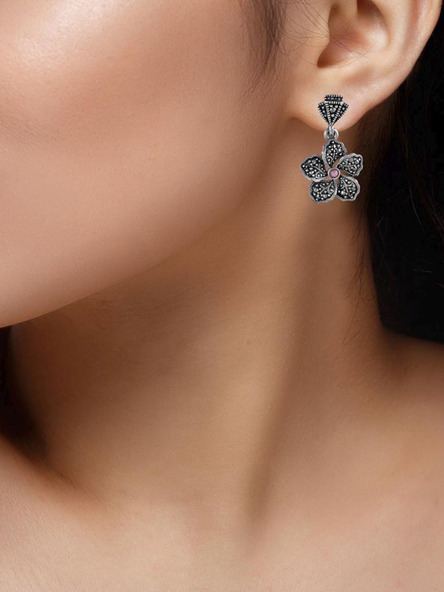 Rihi by P.C. Chandra Jewellers 925 Silver Tassel Flower Necklace Set with Pink Stone for Women