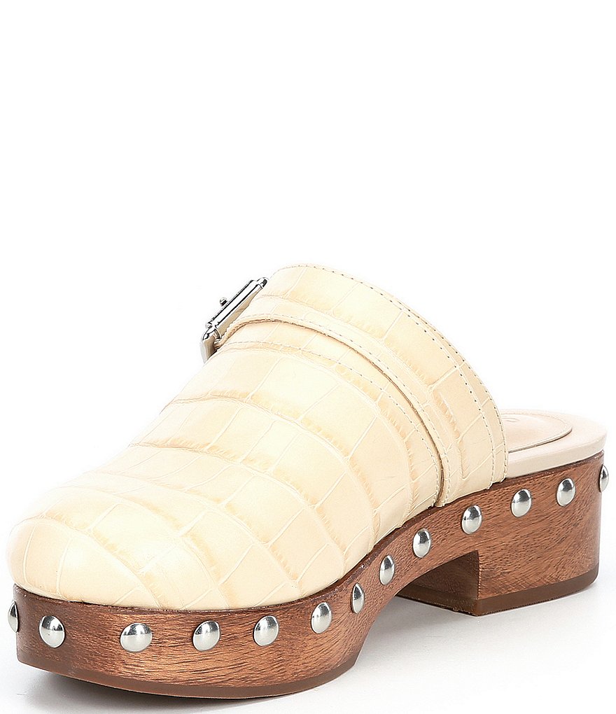 Schutz Smooshy Croco Print Leather Nailhead Buckled Strap Platform Mule Clogs