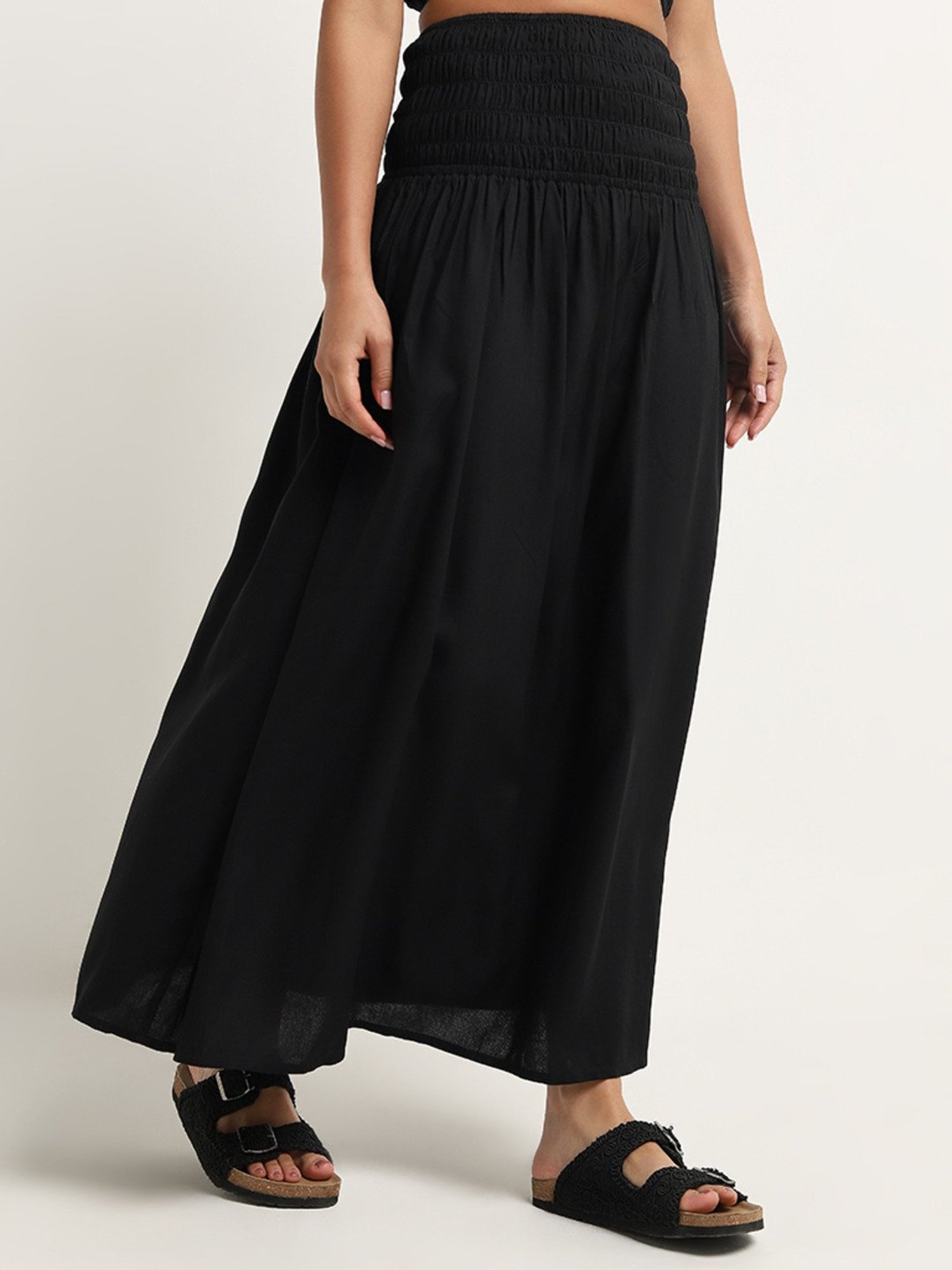 Wunderlove by Westside Black Smocked High-Rise Maxi Cotton Skirt