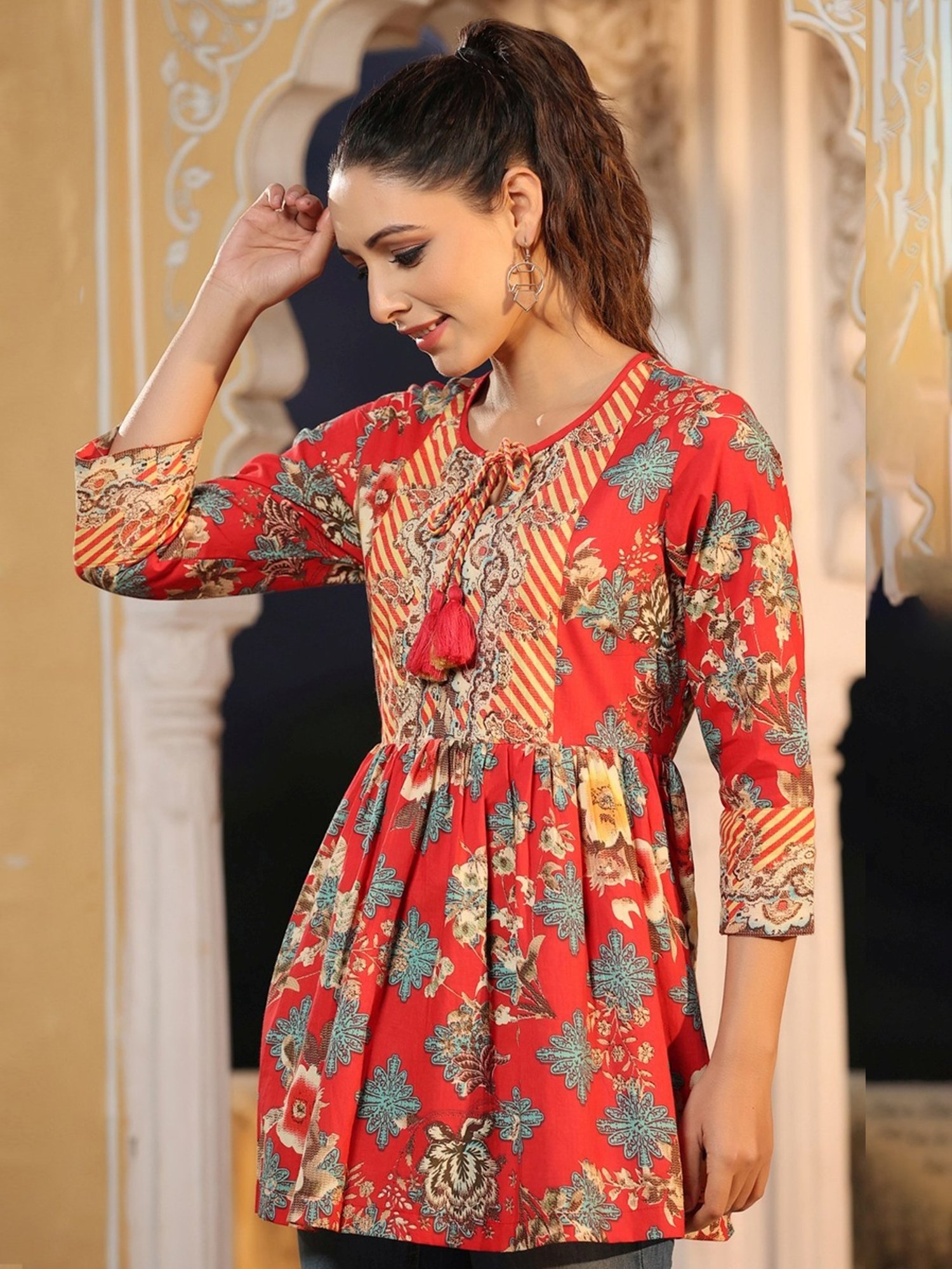 Rain and Rainbow Red Cotton Printed Top