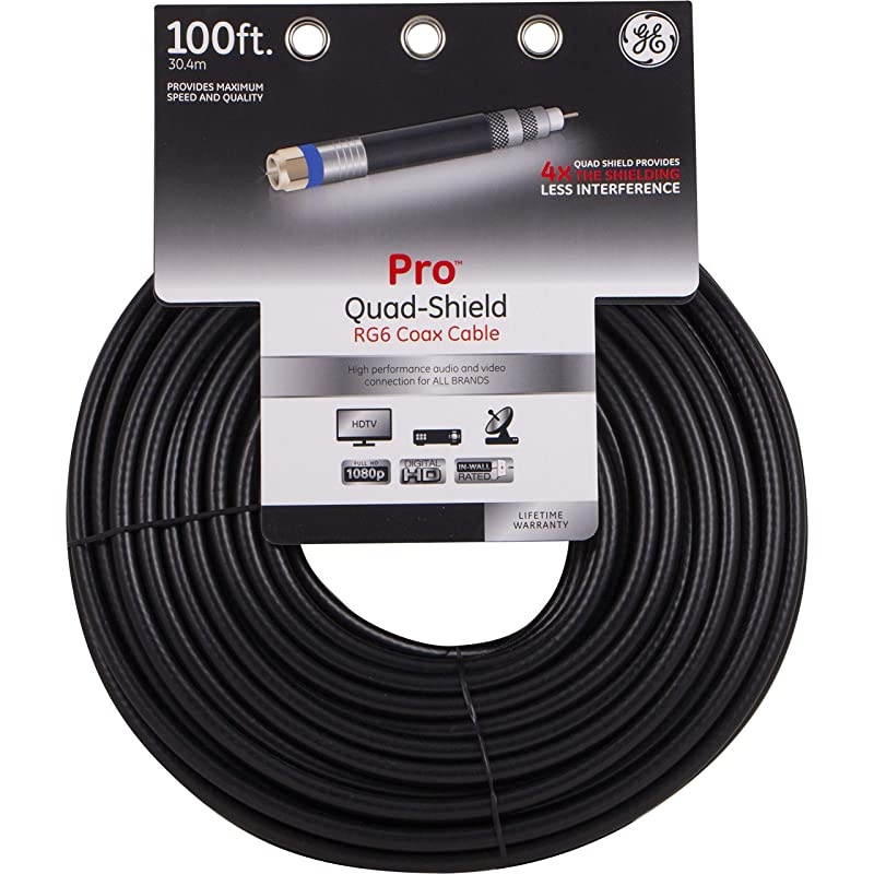 RG6 Coaxial Cable 100 ft FType Connectors Quad Shielded Coax Cable 3 GHz Digital InWall Rated Ideal for TV Antenna DVR VCR Satellite Cable Box Home Theater Black 34842