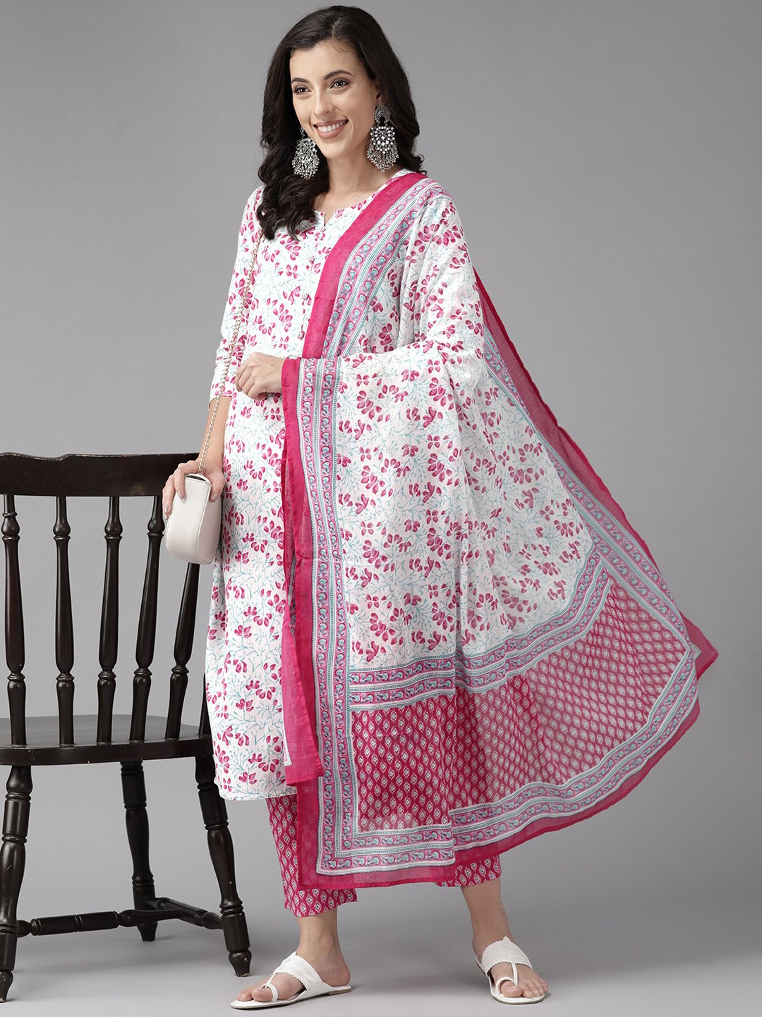 Prakrti White & Pink Cotton Floral Print Kurta With Pant & Dupatta