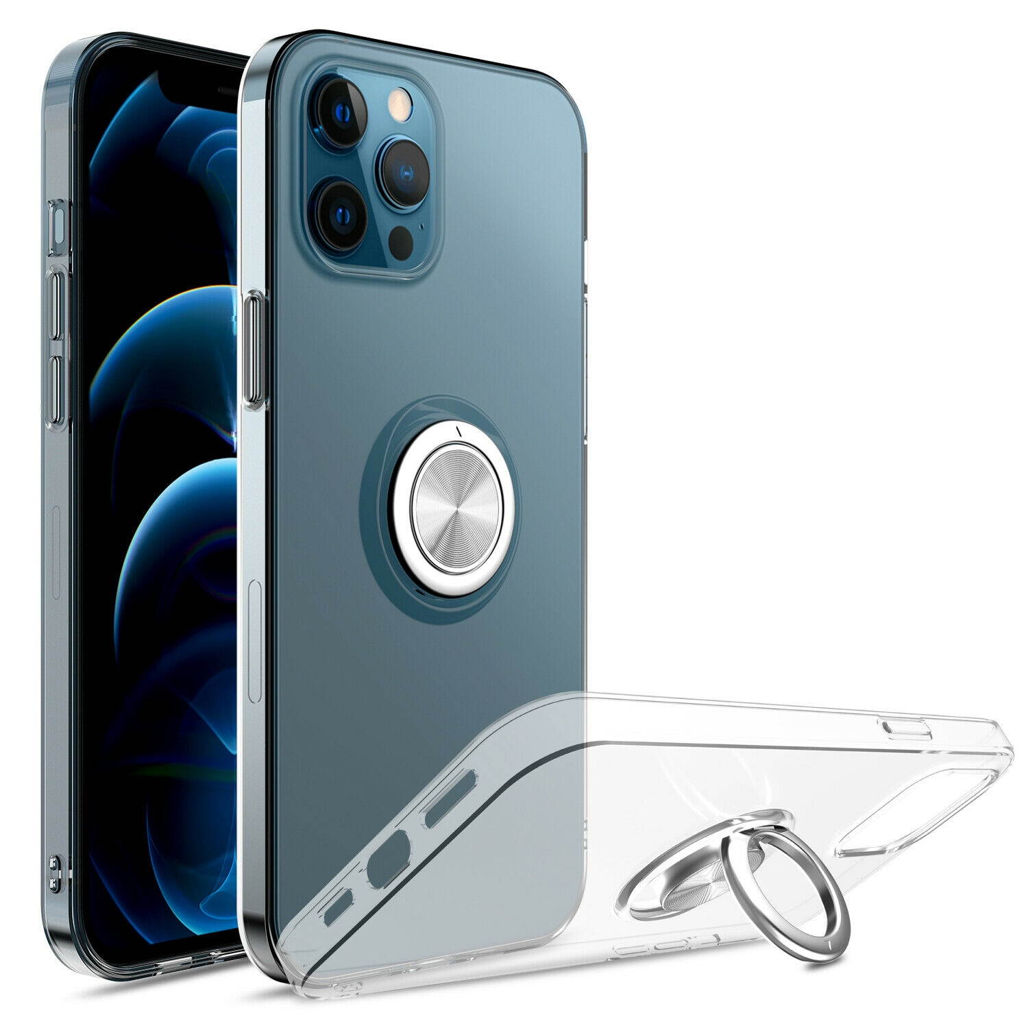 For iPhone 12 Pro Max,12 Pro,12 Mini Ring Case Kickstand Shockproof Clear Cover