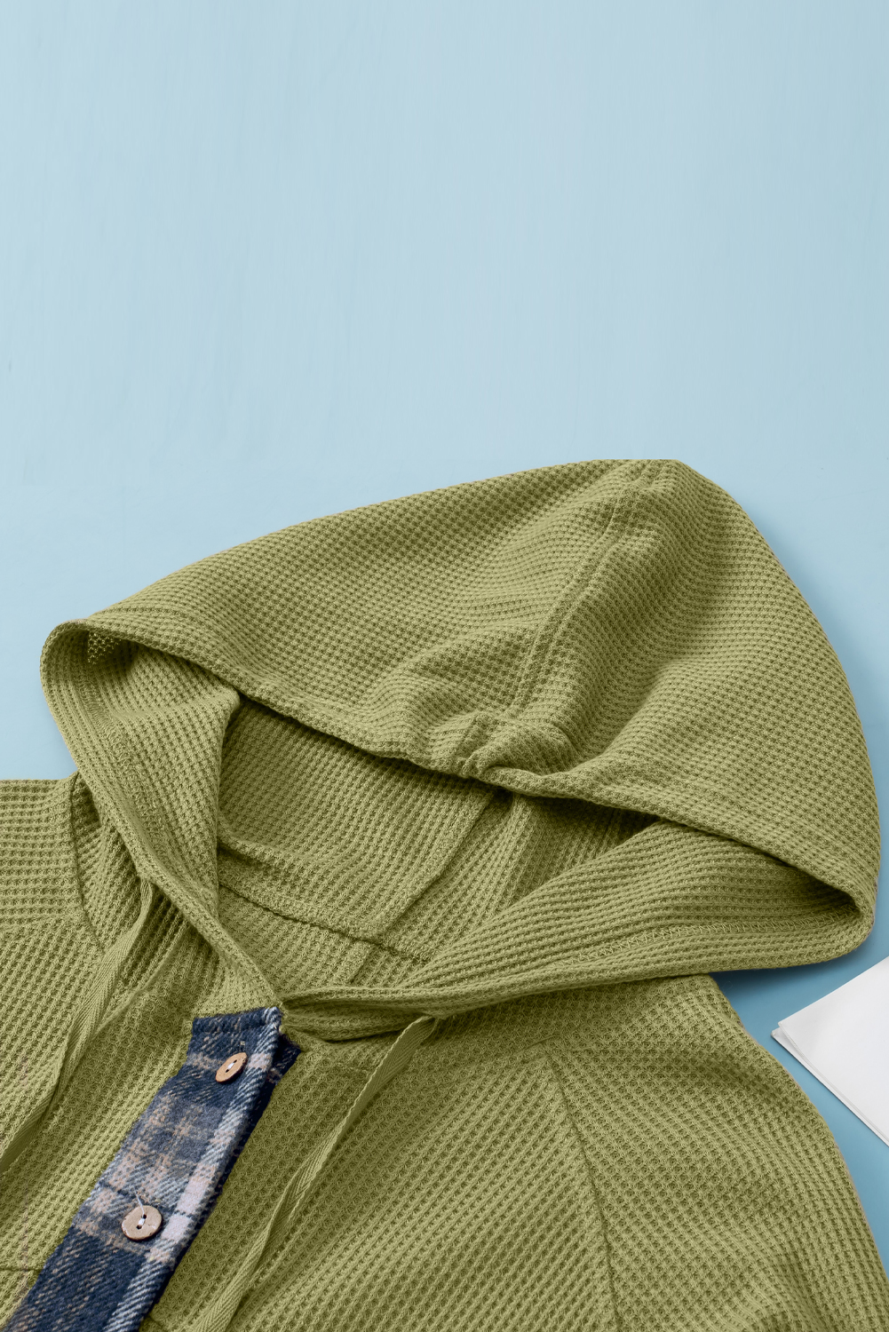 Green Waffle Knit and Flannel Henley Oversized Hoodie