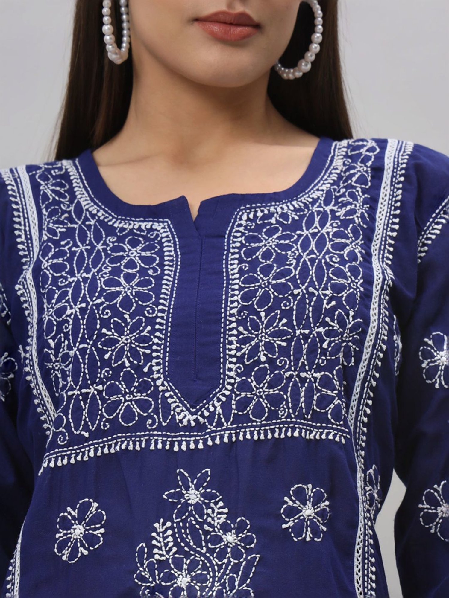 PARAMOUNT CHIKAN Royal Blue Cotton Hand Embroidered Chikankari Straight Kurti