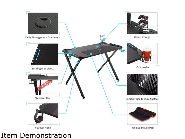 Eureka Ergonomic X1-S Gaming Computer Desk with Led Lights, Large Carbon Fiber Surface Cup Holder and Headphone Hook - Black