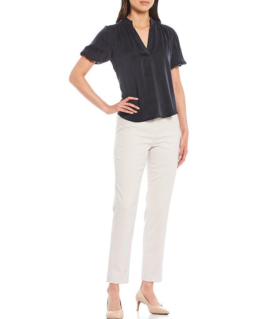 Antonio Melani Morgan Sandwashed Stretch Silk-Blend Short Puff Sleeve Mandarin Collar Neck Blouse