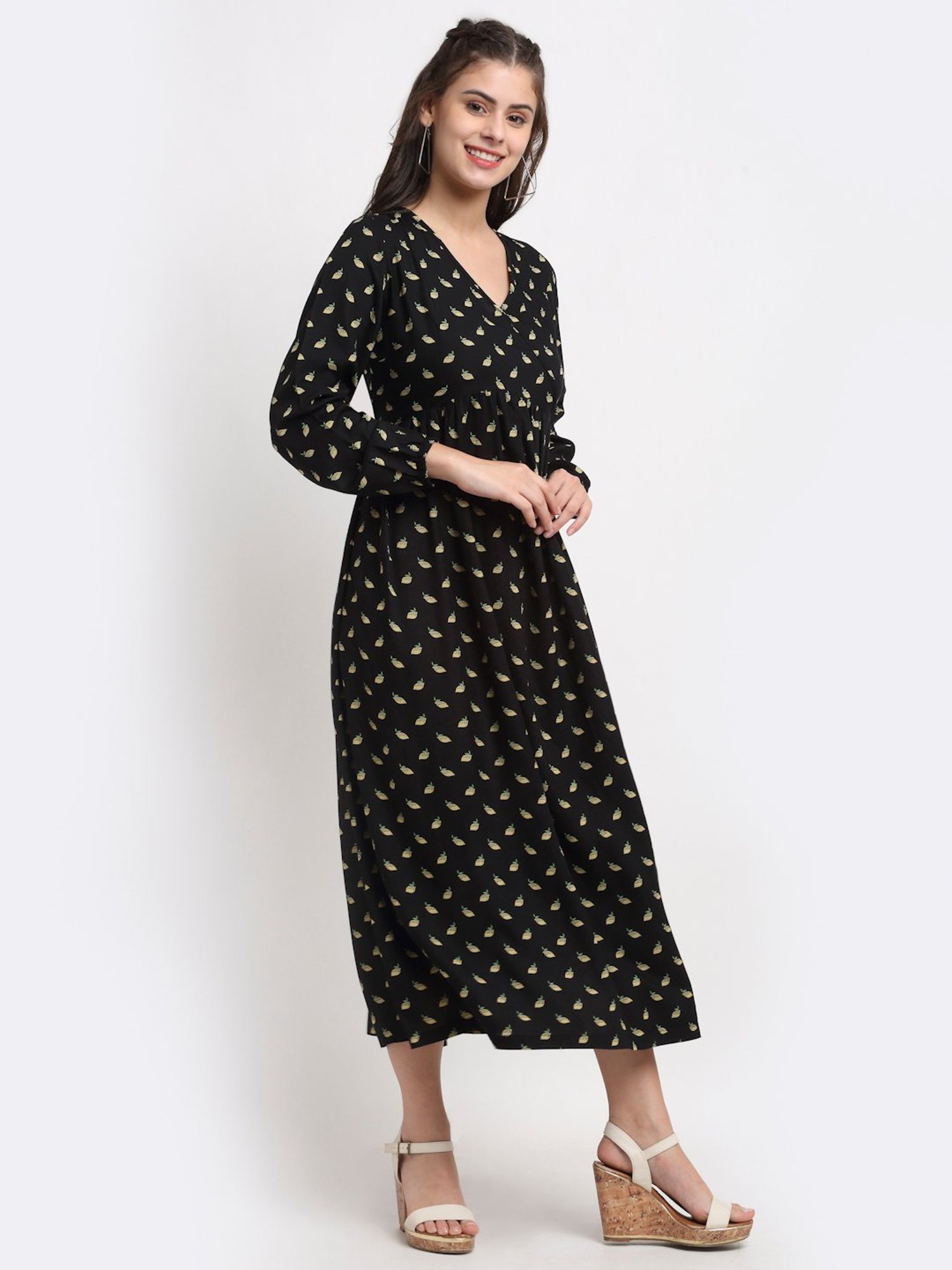 BRINNS Black Floral Print Midi A Line Dress