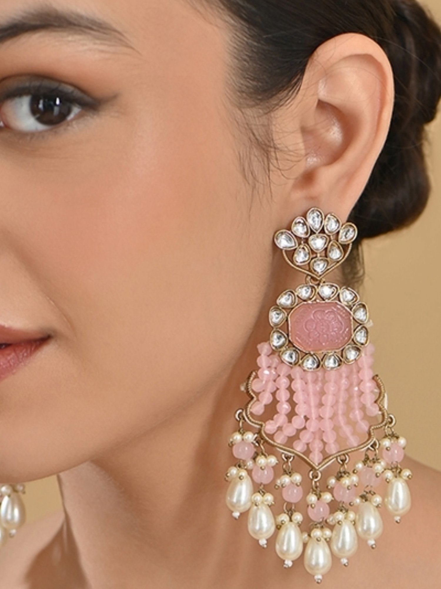 Fida Pink & White Pearl Kundan Dangler Earrings for Women