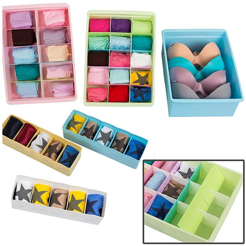 Adjustable Drawer Organizers (6 Set) with Customizable Dividers in Stackable Durable Plastic for Underwear Crafts Baby Clothes Office Bathroom & Under Sink Storage (Multicolor)