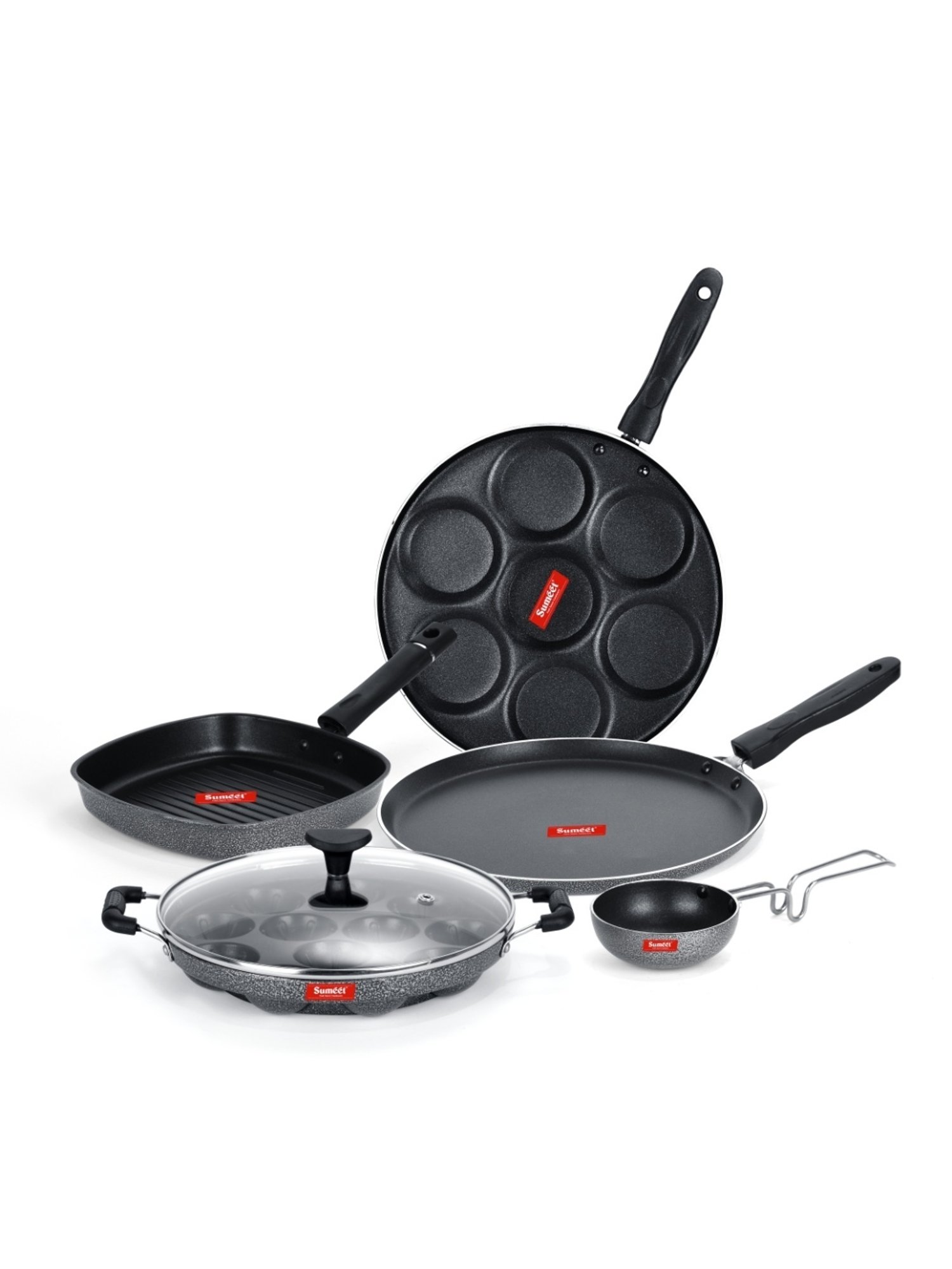 Sumeet NonStick Cookware Set (Dosa Tawa+Snack Maker+Appam Patra & Glass Lid+Grill Pan+Tadka pan)