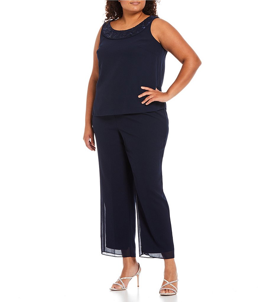 Le Bos Plus Size Scoop Neck 3/4 Sleeve 3-Piece Embroidered Sequin Trim Pant Set