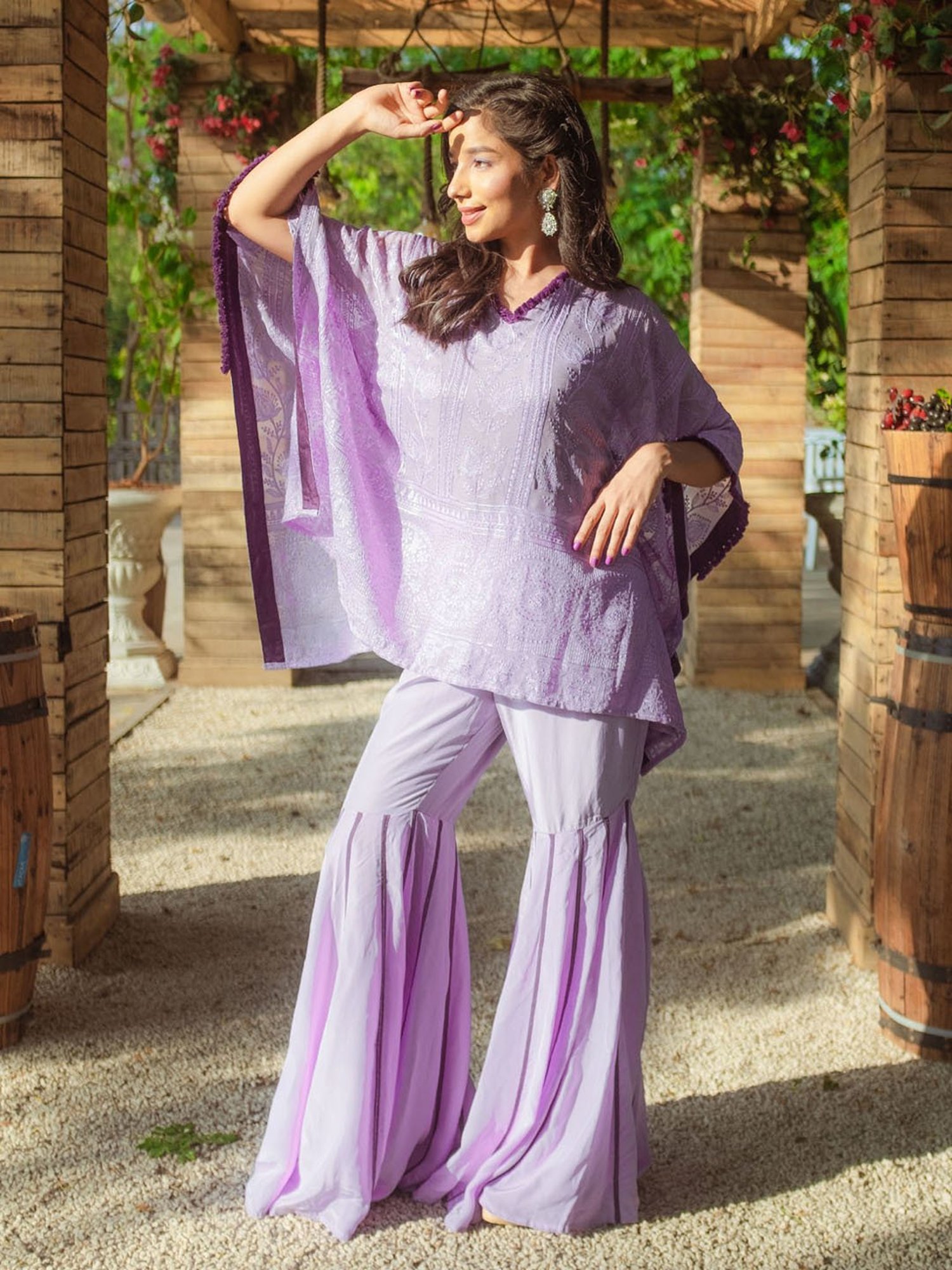 Monk and Mei Suraiya Chikankari Kaftan & Sharara- Veryperi Violet