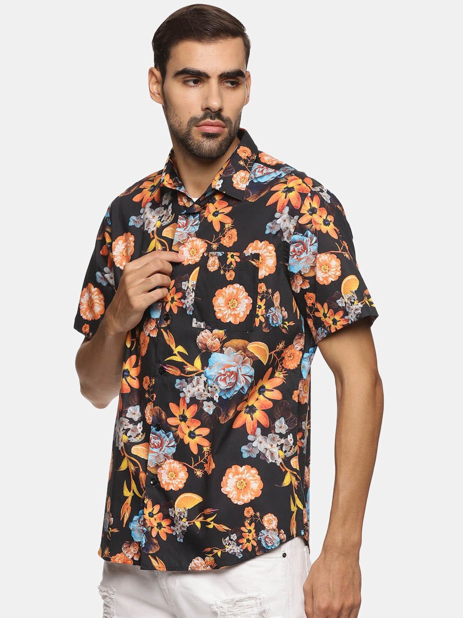 Don Vino Black Slim Fit Floral Print Shirt