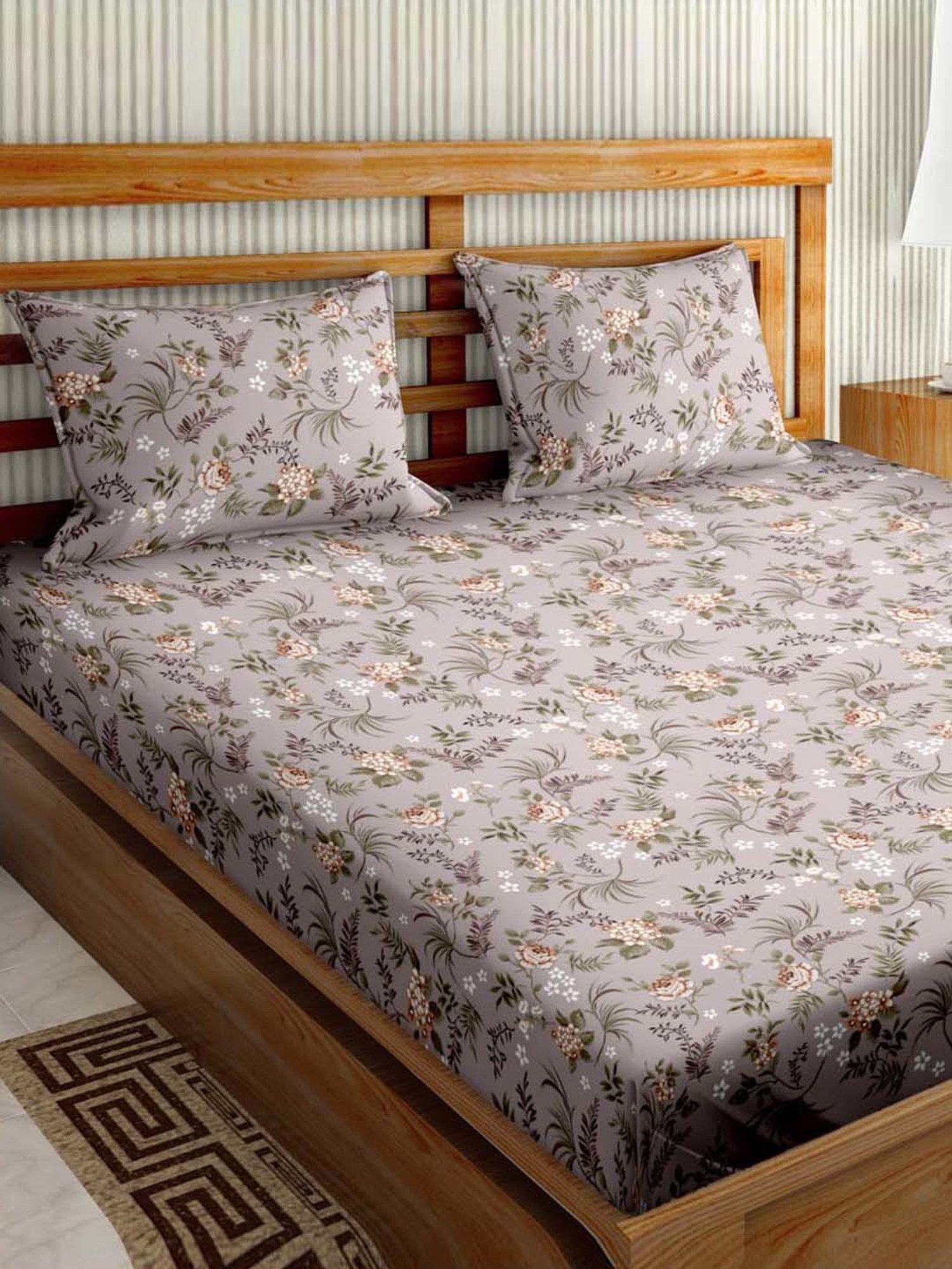 Bella Casa Stella Collection Grey Cotton 180 TC King Size Bedsheet with 2 Pillow Covers