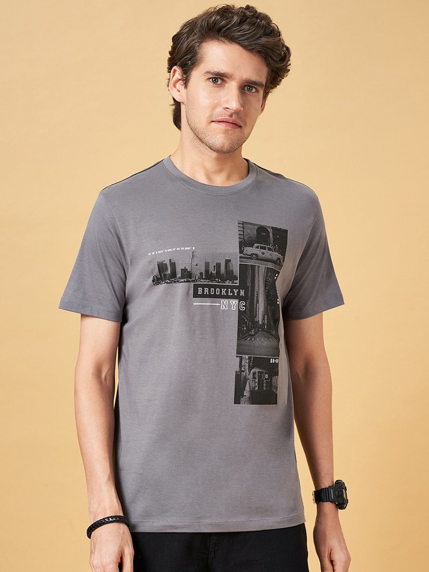 Sf Jeans By Pantaloons Steel Grey Slim Fit Printed T-Shirt