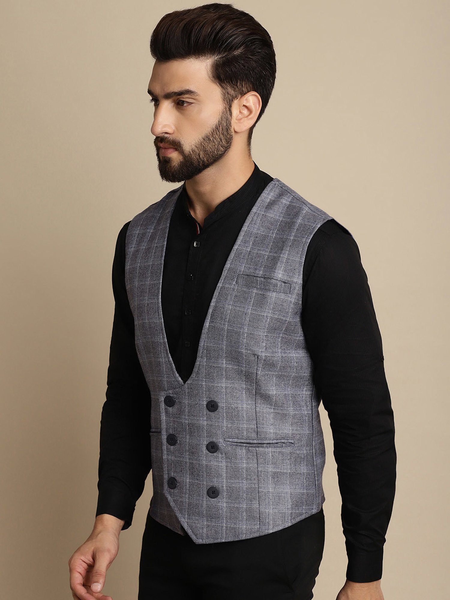 Even Slate Grey Regular Fit V Neck Check Waistcoat