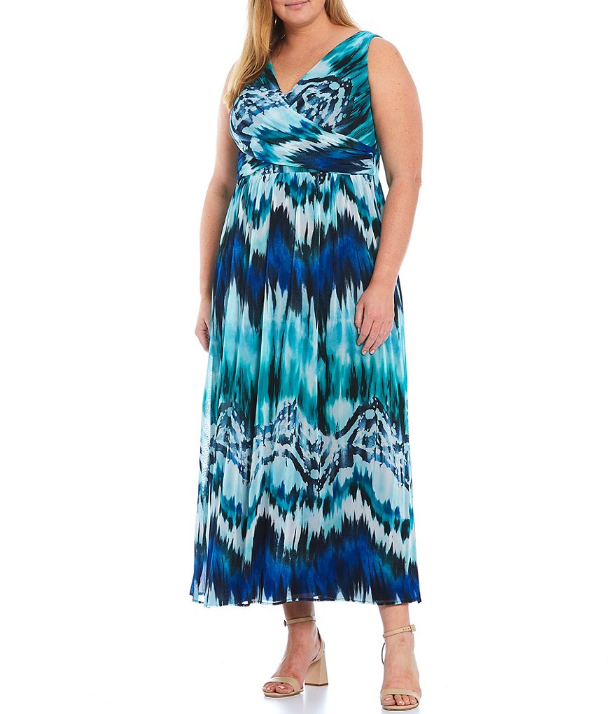 R & M Richards Plus Size Sleeveless V-Neck Tie Dye Printed Midi Dress