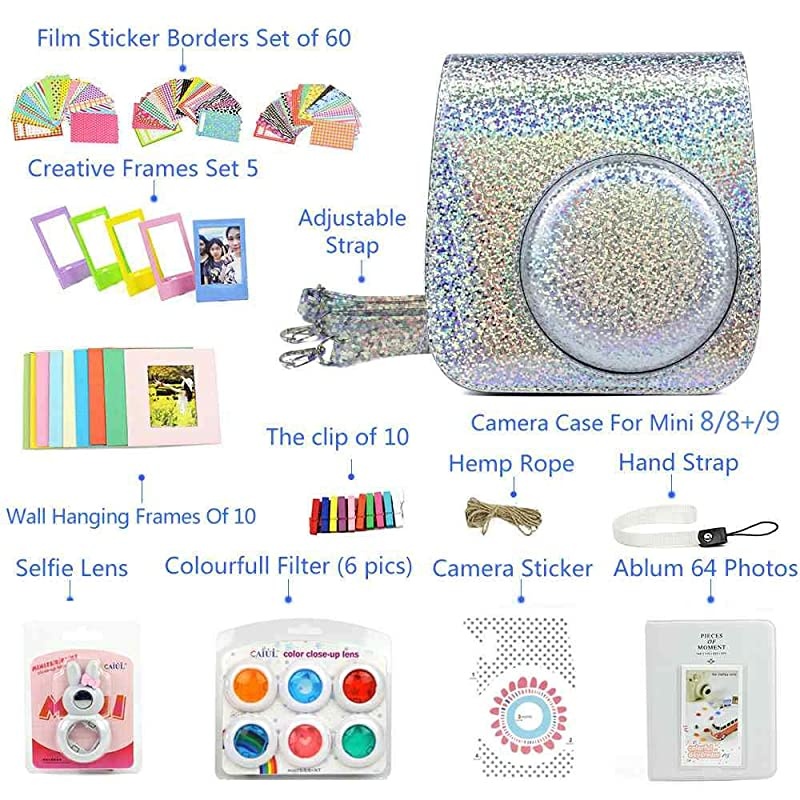 Camera Case Flash Silver kit for Fujifilm Instax Mini 9 8 Instant Film Camera Includes Camere Case Accessories Bundle