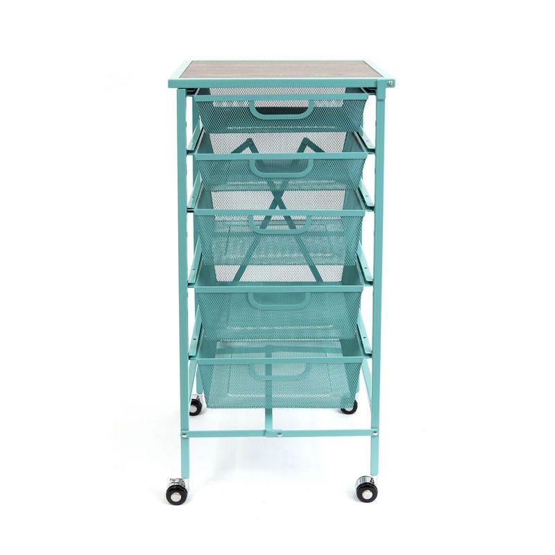 Origami Wheeled Folding Steel 5 Drawer Storage Kitchen Cart Wood Top, Turquoise