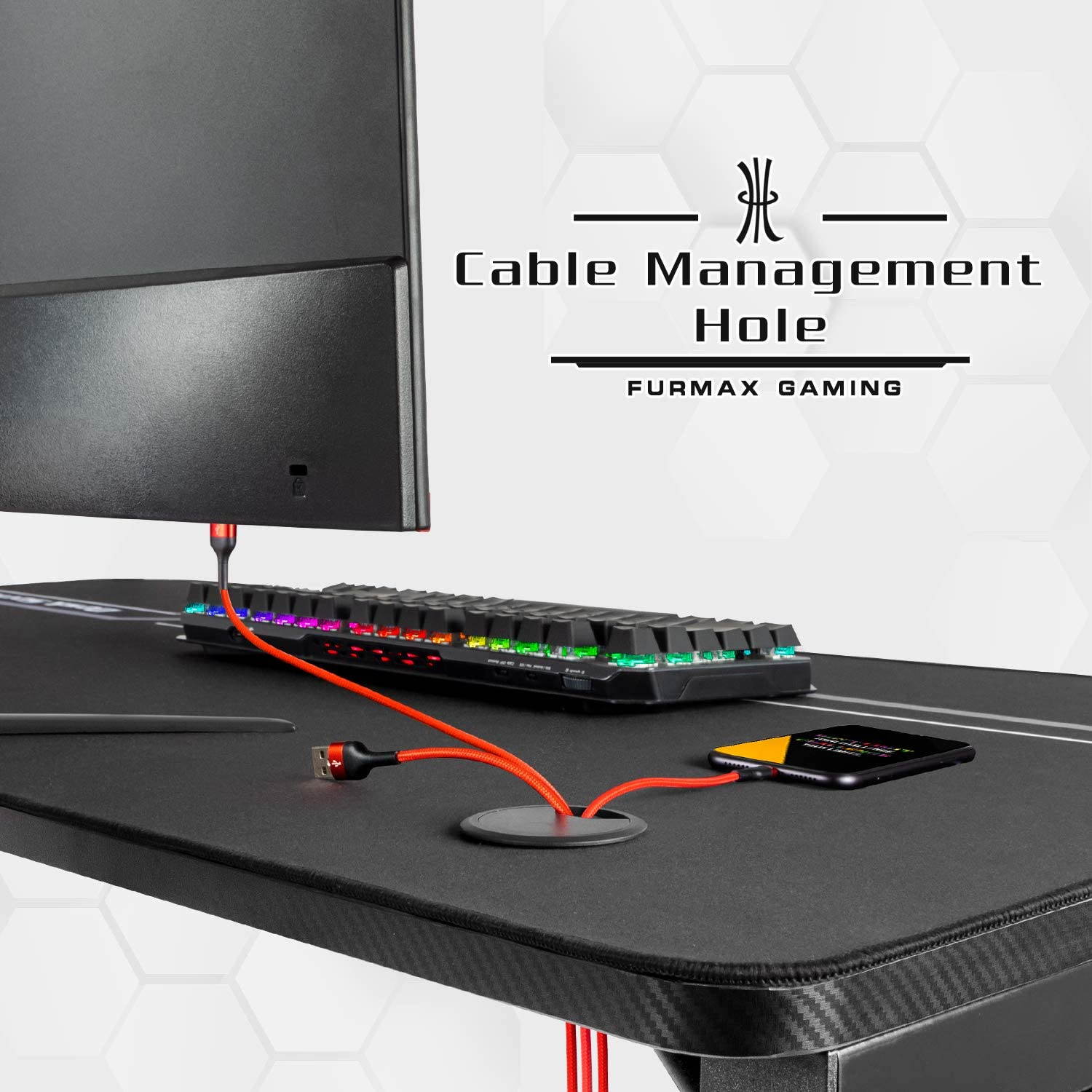 Furmax 43 Inch Gaming Desk T-Shaped PC Computer Table, Home Office Desk Carbon Fiber Surface Workstation with Free Full Coverage Mouse Pad, Cup Holder and Headphone Hook (Black)