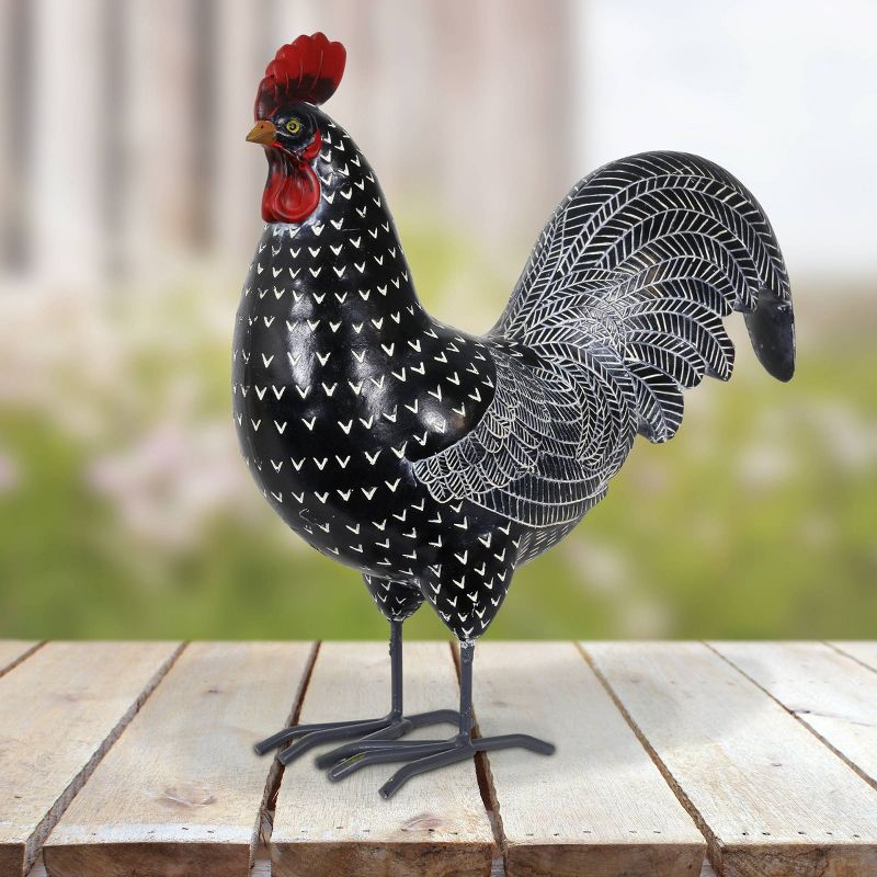 11.81" Resin Polka Dot Rooster Statue Black/White - Exhart